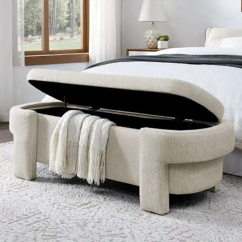 Banc de rangement capitonné en lin beige/blanc et mousse, 1 place, capacité de 113 kg