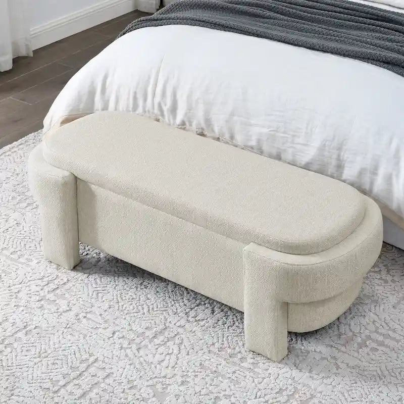 Banc de rangement capitonné en lin beige/blanc et mousse, 1 place, capacité de 113 kg
