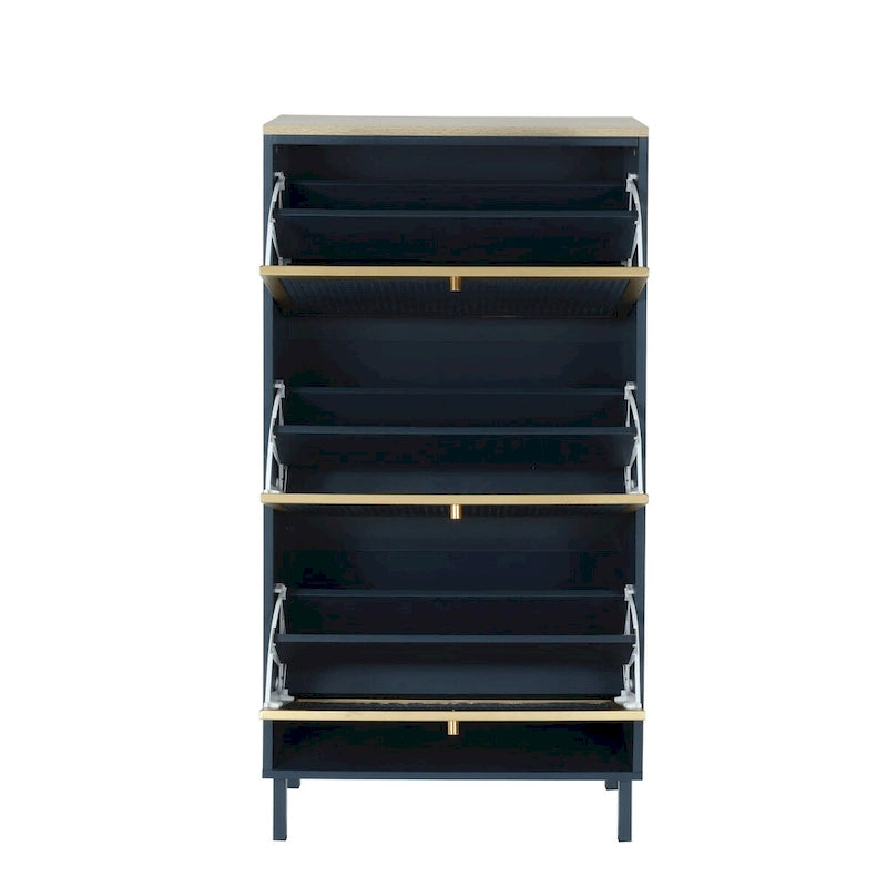 Meuble à chaussures autoportant gris/noir avec 3 portes métalliques effet rotin alvéolé et étagère réglable