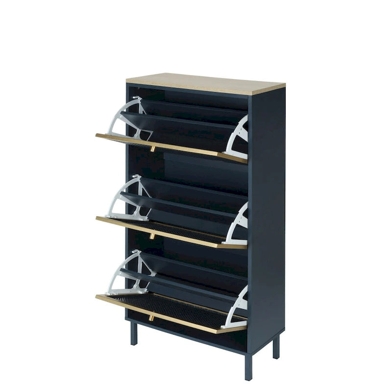 Meuble à chaussures autoportant gris/noir avec 3 portes métalliques effet rotin alvéolé et étagère réglable