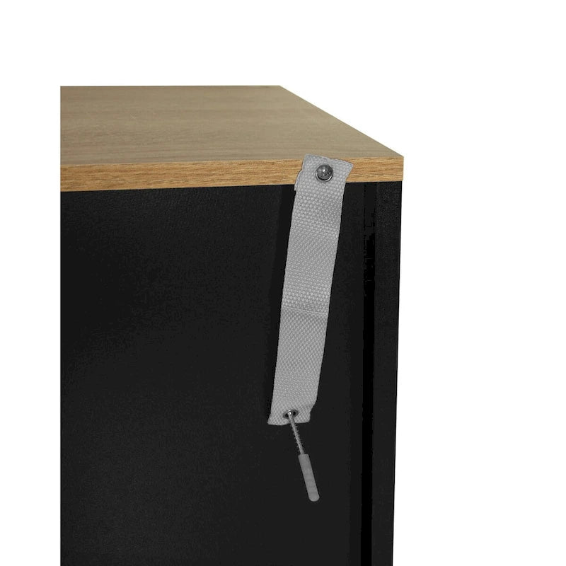 Meuble à chaussures autoportant gris/noir avec 3 portes métalliques effet rotin alvéolé et étagère réglable