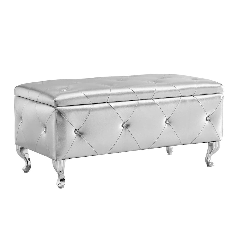Banc de rangement en similicuir argenté/noir/gris avec boutons en cristal et pieds en métal