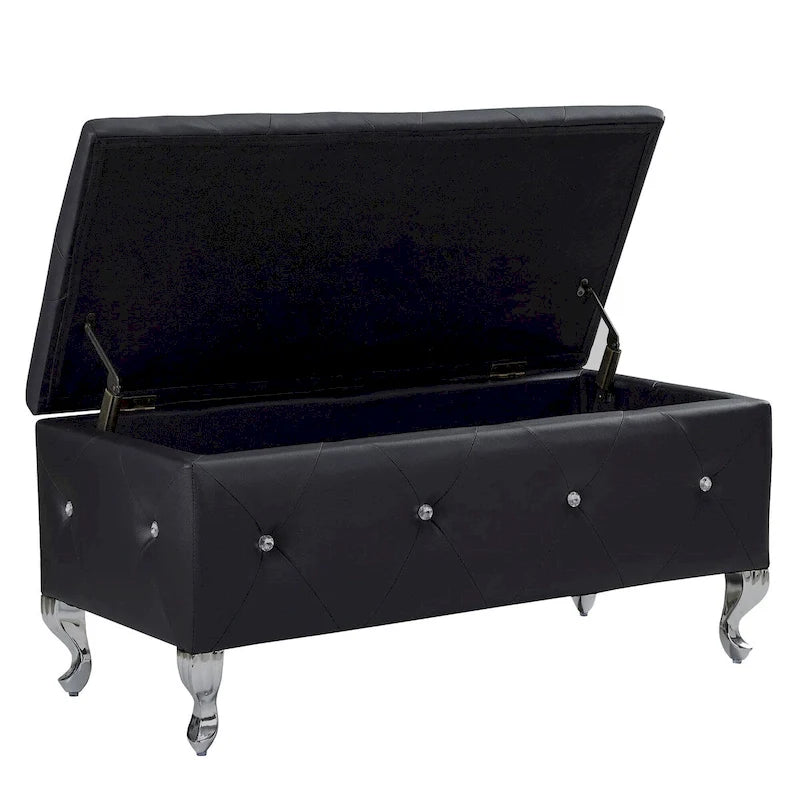 Banc de rangement en similicuir argenté/noir/gris avec boutons en cristal et pieds en métal