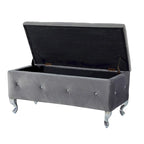 Banc de rangement en similicuir argenté/noir/gris avec boutons en cristal et pieds en métal