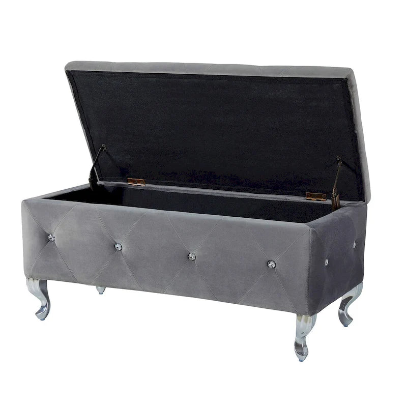 Banc de rangement en similicuir argenté/noir/gris avec boutons en cristal et pieds en métal