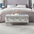 Banc de rangement en similicuir argenté/noir/gris avec boutons en cristal et pieds en métal