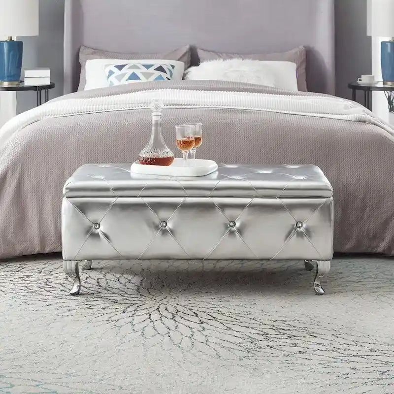 Banc de rangement en similicuir argenté/noir/gris avec boutons en cristal et pieds en métal