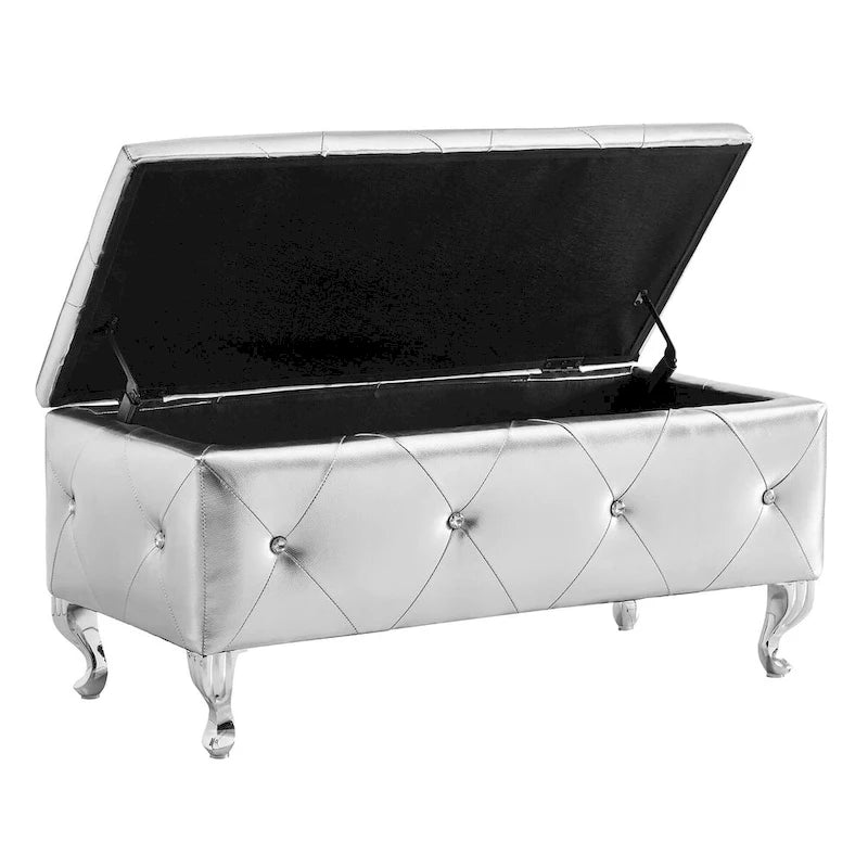 Banc de rangement en similicuir argenté/noir/gris avec boutons en cristal et pieds en métal