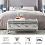 Banc de rangement en similicuir argenté/noir/gris avec boutons en cristal et pieds en métal