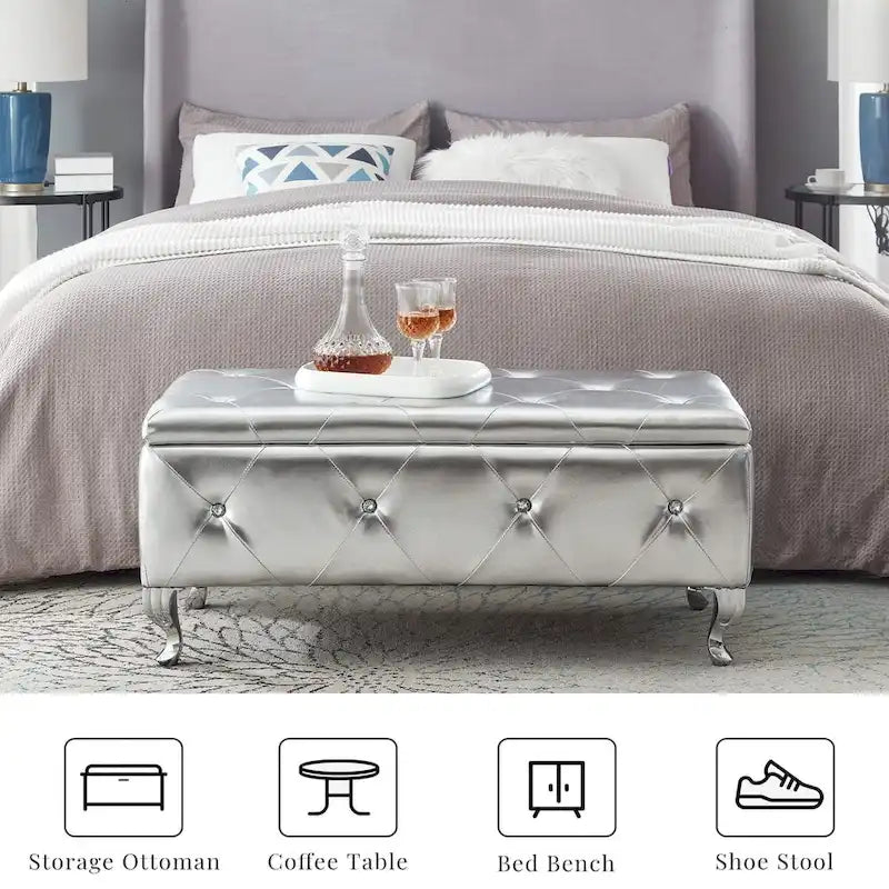 Banc de rangement en similicuir argenté/noir/gris avec boutons en cristal et pieds en métal