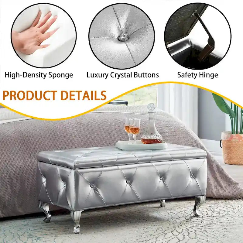 Banc de rangement en similicuir argenté/noir/gris avec boutons en cristal et pieds en métal