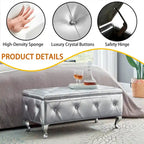 Banc de rangement en similicuir argenté/noir/gris avec boutons en cristal et pieds en métal