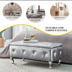 Banc de rangement en similicuir argenté/noir/gris avec boutons en cristal et pieds en métal