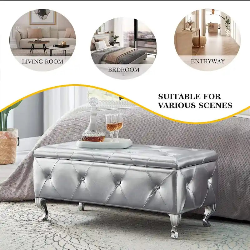 Banc de rangement en similicuir argenté/noir/gris avec boutons en cristal et pieds en métal