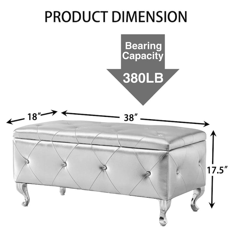 Banc de rangement en similicuir argenté/noir/gris avec boutons en cristal et pieds en métal