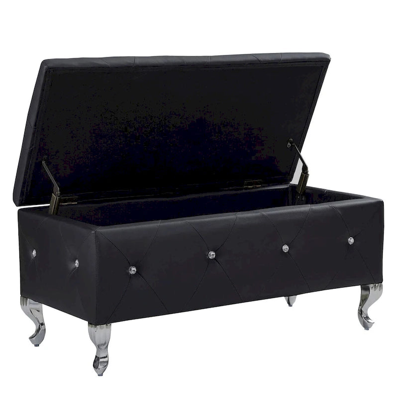 Banc de rangement en similicuir argenté/noir/gris avec boutons en cristal et pieds en métal