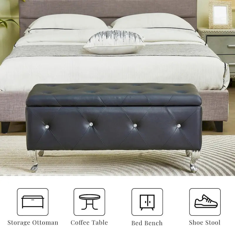 Banc de rangement en similicuir argenté/noir/gris avec boutons en cristal et pieds en métal