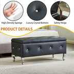 Banc de rangement en similicuir argenté/noir/gris avec boutons en cristal et pieds en métal