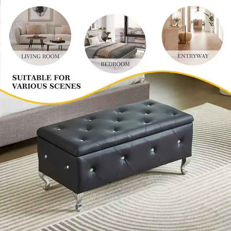 Banc de rangement en similicuir argenté/noir/gris avec boutons en cristal et pieds en métal