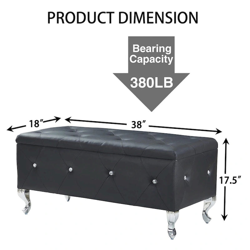Banc de rangement en similicuir argenté/noir/gris avec boutons en cristal et pieds en métal