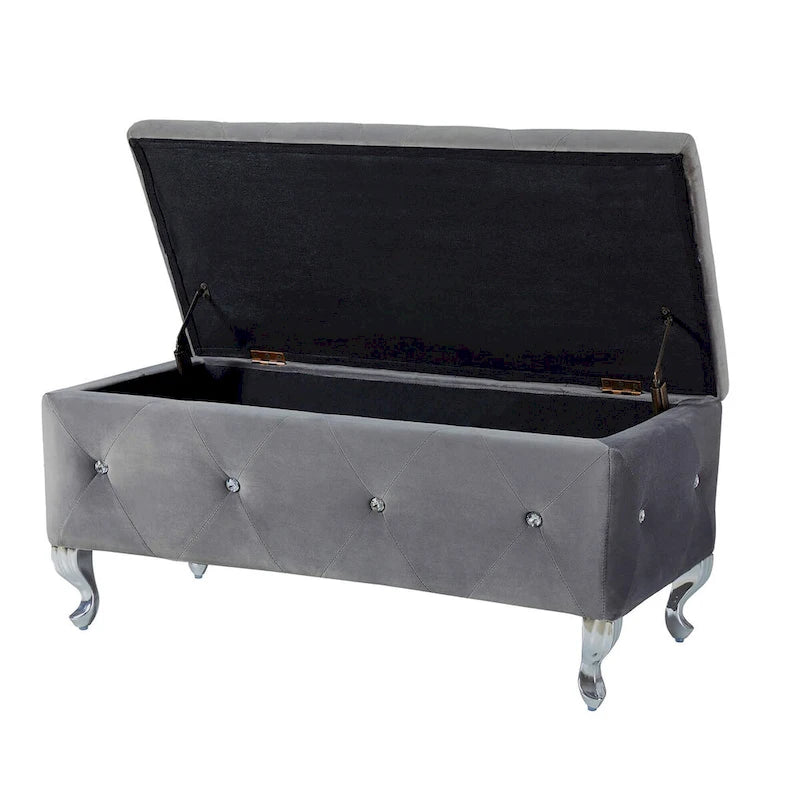 Banc de rangement en similicuir argenté/noir/gris avec boutons en cristal et pieds en métal