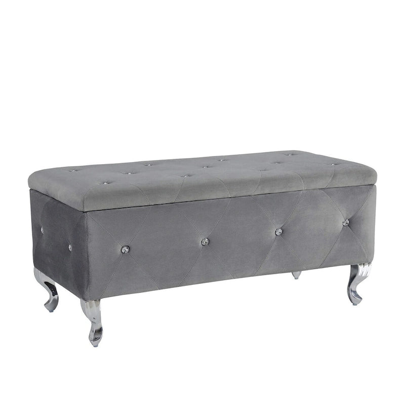 Banc de rangement en similicuir argenté/noir/gris avec boutons en cristal et pieds en métal