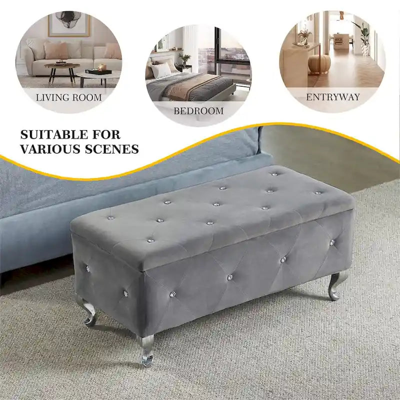 Banc de rangement en similicuir argenté/noir/gris avec boutons en cristal et pieds en métal