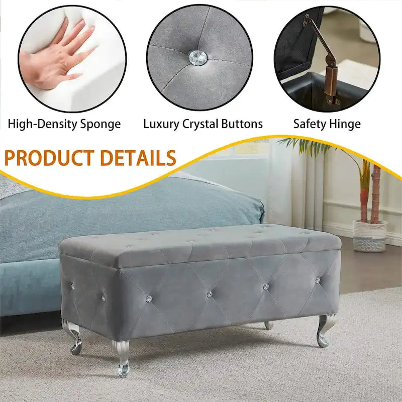 Banc de rangement en similicuir argenté/noir/gris avec boutons en cristal et pieds en métal