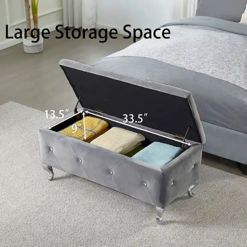 Banc de rangement en similicuir argenté/noir/gris avec boutons en cristal et pieds en métal