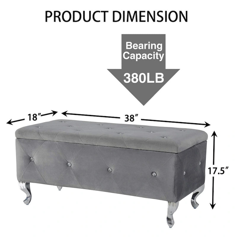 Banc de rangement en similicuir argenté/noir/gris avec boutons en cristal et pieds en métal