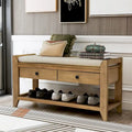 Banc de rangement d'entrée en pin ancien/bleu marine antique et MDF avec coussin, 2 tiroirs et porte-chaussures à grille