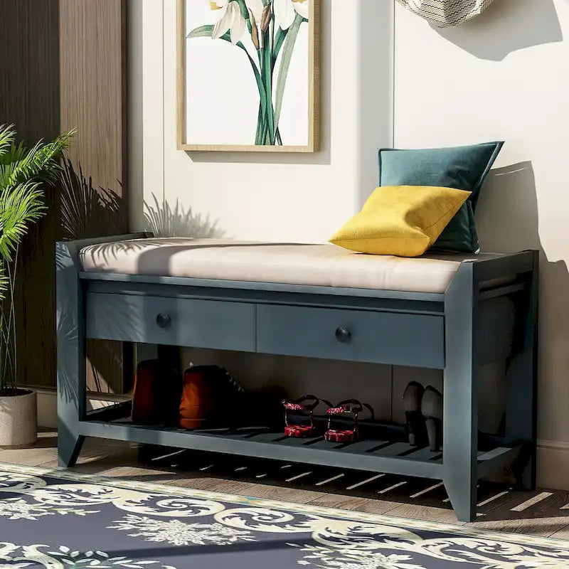 Banc de rangement d'entrée en pin ancien/bleu marine antique et MDF avec coussin, 2 tiroirs et porte-chaussures à grille