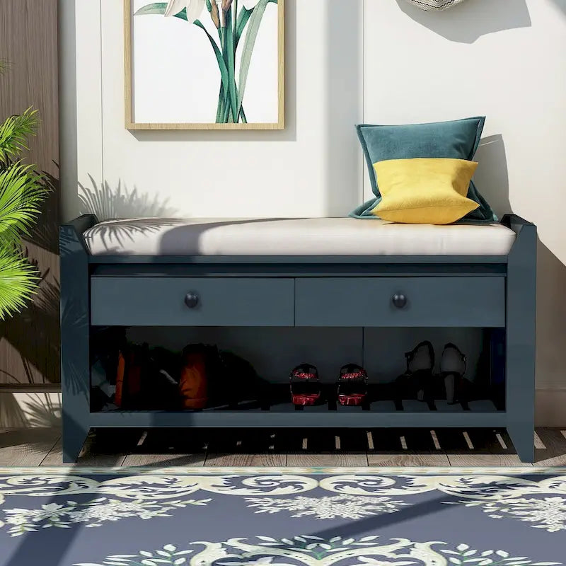 Banc de rangement d'entrée en pin ancien/bleu marine antique et MDF avec coussin, 2 tiroirs et porte-chaussures à grille