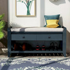 Banc de rangement d'entrée en pin ancien/bleu marine antique et MDF avec coussin, 2 tiroirs et porte-chaussures à grille