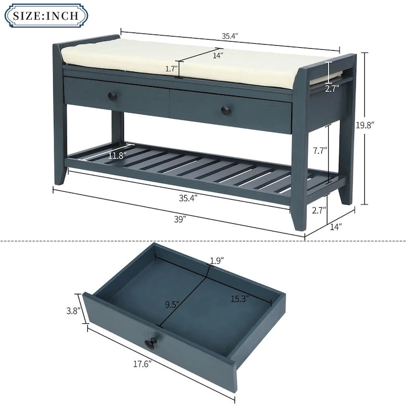 Banc de rangement d'entrée en pin ancien/bleu marine antique et MDF avec coussin, 2 tiroirs et porte-chaussures à grille