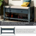 Banc de rangement d'entrée en pin ancien/bleu marine antique et MDF avec coussin, 2 tiroirs et porte-chaussures à grille