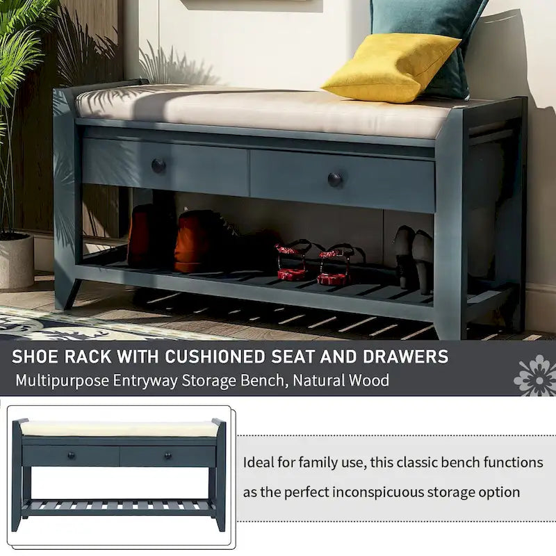 Banc de rangement d'entrée en pin ancien/bleu marine antique et MDF avec coussin, 2 tiroirs et porte-chaussures à grille
