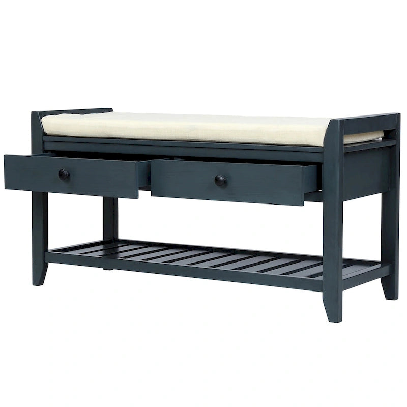 Banc de rangement d'entrée en pin ancien/bleu marine antique et MDF avec coussin, 2 tiroirs et porte-chaussures à grille