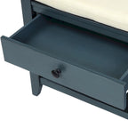 Banc de rangement d'entrée en pin ancien/bleu marine antique et MDF avec coussin, 2 tiroirs et porte-chaussures à grille