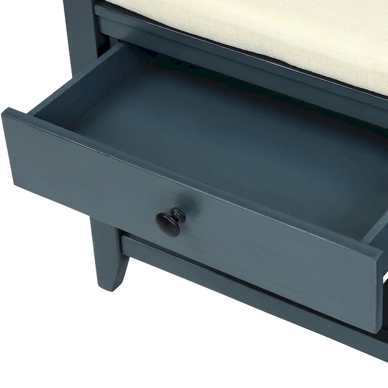 Banc de rangement d'entrée en pin ancien/bleu marine antique et MDF avec coussin, 2 tiroirs et porte-chaussures à grille