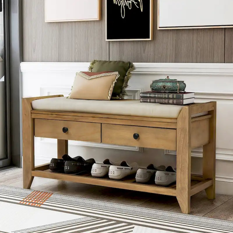 Banc de rangement d'entrée en pin ancien/bleu marine antique et MDF avec coussin, 2 tiroirs et porte-chaussures à grille