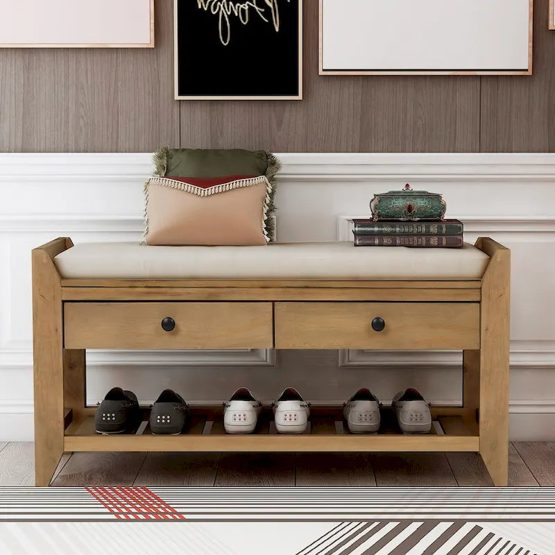 Banc de rangement d'entrée en pin ancien/bleu marine antique et MDF avec coussin, 2 tiroirs et porte-chaussures à grille
