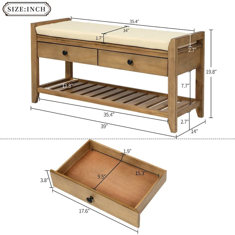 Banc de rangement d'entrée en pin ancien/bleu marine antique et MDF avec coussin, 2 tiroirs et porte-chaussures à grille