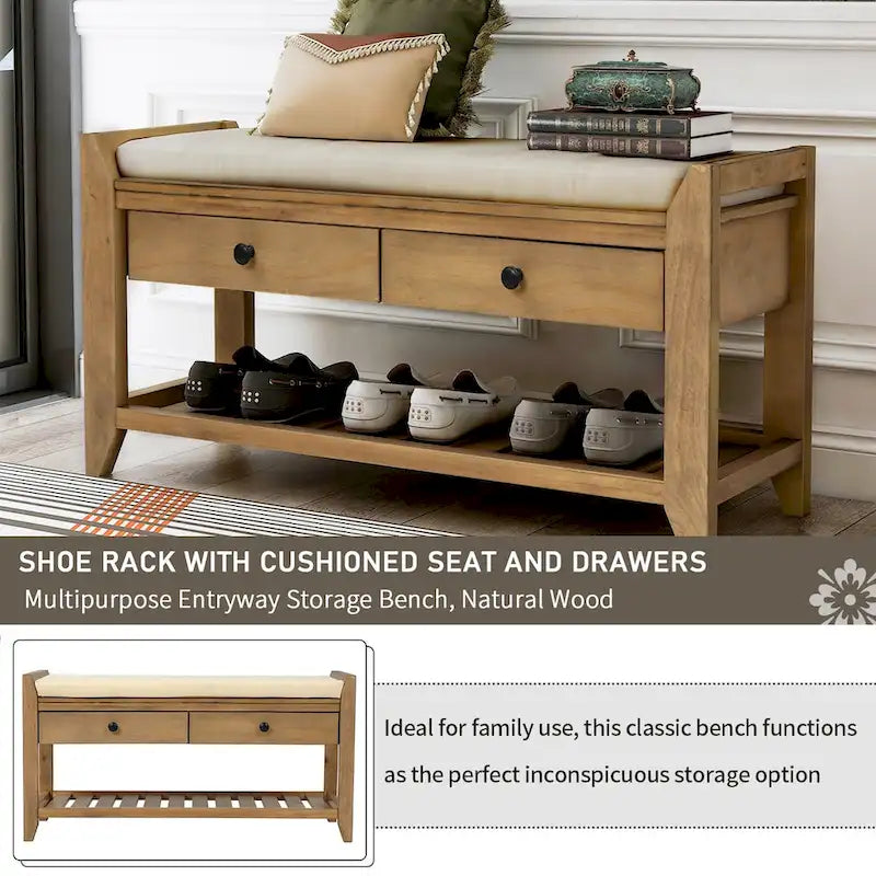 Banc de rangement d'entrée en pin ancien/bleu marine antique et MDF avec coussin, 2 tiroirs et porte-chaussures à grille