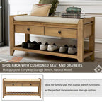 Banc de rangement d'entrée en pin ancien/bleu marine antique et MDF avec coussin, 2 tiroirs et porte-chaussures à grille