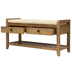 Banc de rangement d'entrée en pin ancien/bleu marine antique et MDF avec coussin, 2 tiroirs et porte-chaussures à grille