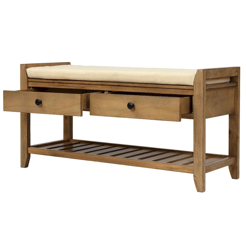 Banc de rangement d'entrée en pin ancien/bleu marine antique et MDF avec coussin, 2 tiroirs et porte-chaussures à grille