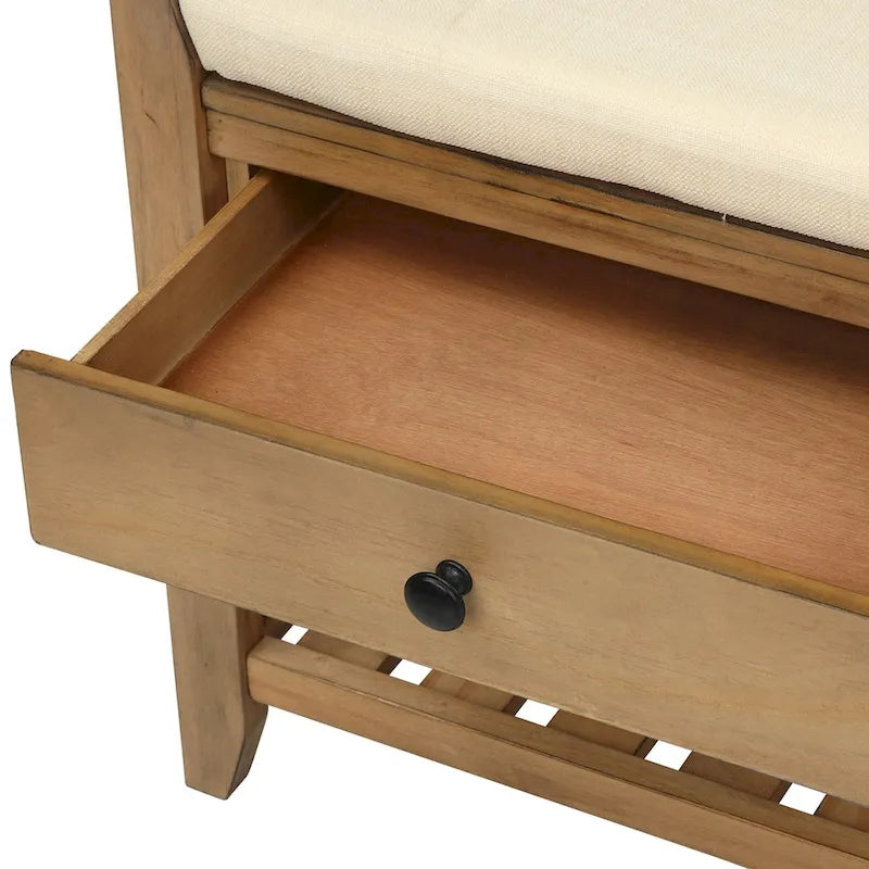 Banc de rangement d'entrée en pin ancien/bleu marine antique et MDF avec coussin, 2 tiroirs et porte-chaussures à grille
