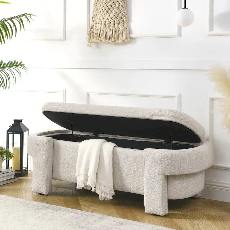 Banc de rangement capitonné en lin blanc/beige