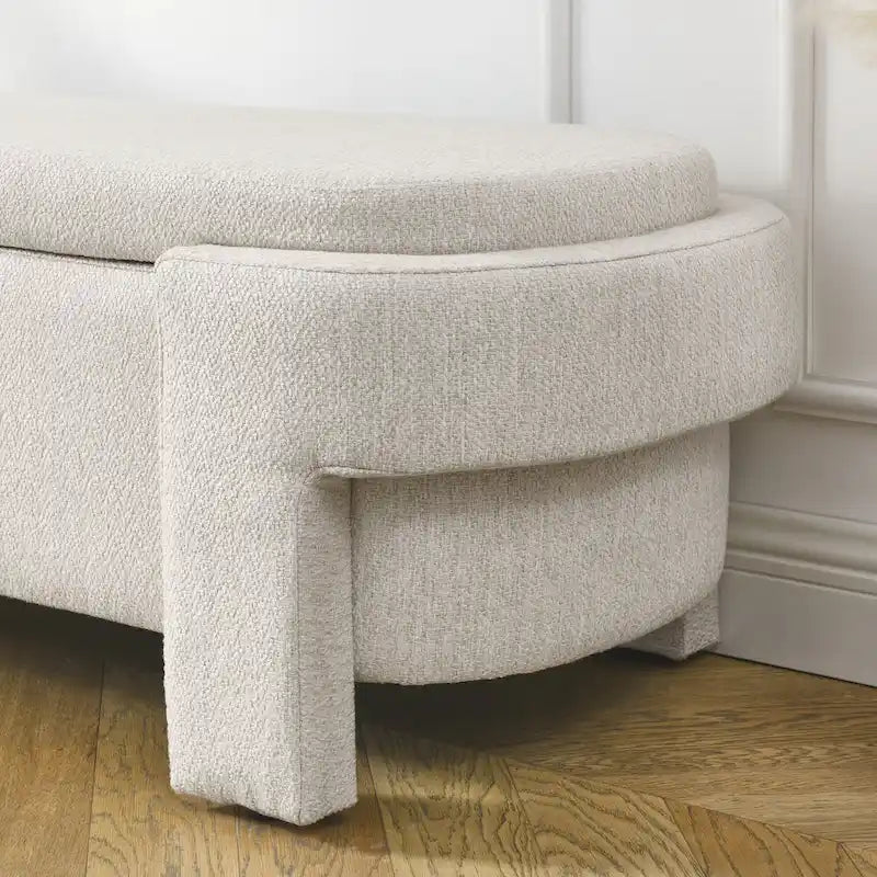 Banc de rangement capitonné en lin blanc/beige